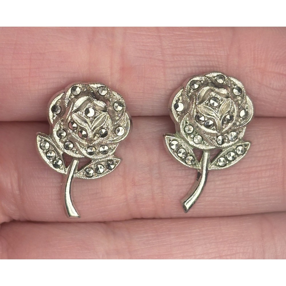 Vintage Marcasite Rose Flower Stud Earrings Silver Tone Floral 1"